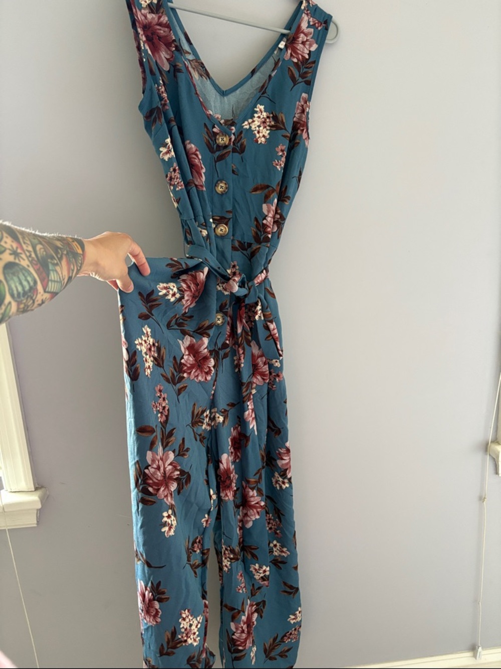 Blue Floral Maxi Romper with Tie Waist